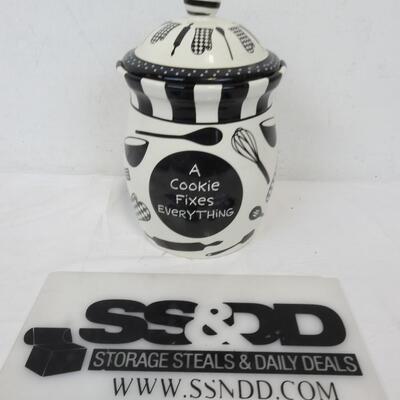 Ceramic Cookie Jar with Lid: Black & White "A Cookie Fixes Everything"