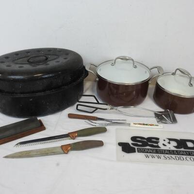 9 pc Kitchen: Black Metal Roasting Pan/Lid, 2 Pots/Lids, Whetstone, 2 Knives