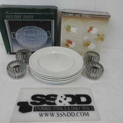 11 pc Kitchen/Entertaining/Decor: 5 plates, 4 Candles, Relish Dish, Wire Basket
