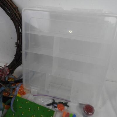 Assorted Craft Lot: Twine Wreath, Art Bin Craft Organizer, Ribbon, Beads