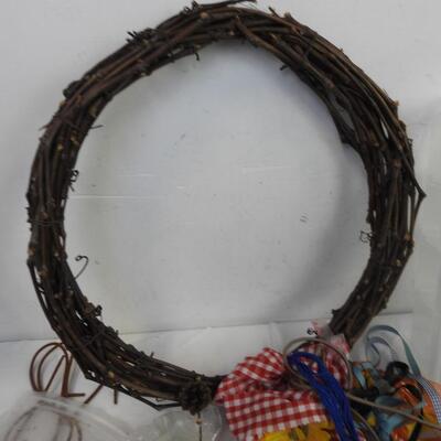Assorted Craft Lot: Twine Wreath, Art Bin Craft Organizer, Ribbon, Beads