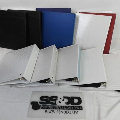 13 Binders, Assorted Sizes, Blue, Black, White