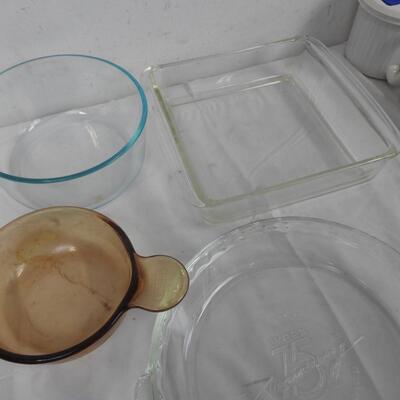 9 pc Pyrex and Corning Ware, 2 75th Anniversary Pyrex Pie Dishes