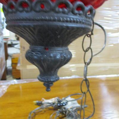 Vintage Regency Ruby Globe Hanging Lamp Light Diffuser Metal Accents