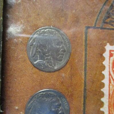 "The Trail Blazers" Buffalo Nickel Five Cent - 14 Coins & 5 Stamps Framed