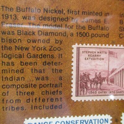 "The Trail Blazers" Buffalo Nickel Five Cent - 14 Coins & 5 Stamps Framed