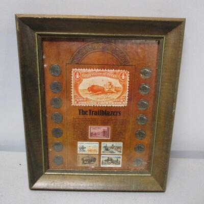 "The Trail Blazers" Buffalo Nickel Five Cent - 14 Coins & 5 Stamps Framed