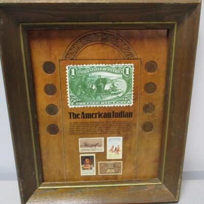 "The American Indian " Indian Head Cents - 8 Coins & 4 Stamps Framed