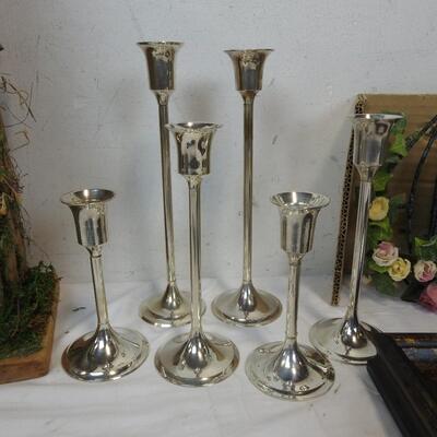 9 pc Decor, Silver plated Candle Holders, Floral Decor, Mirror