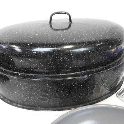 Kitchen Lot: Cast Iron Casserole Dish, Pans, Serving Trays, Utensils, 4 Knifes