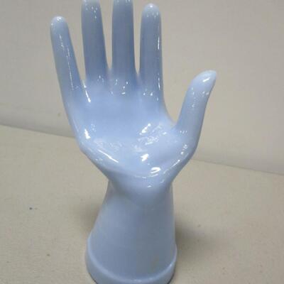Blue Glass Hand Jewelry Display Ring Holder Hollow Base 7 3/4" Tall