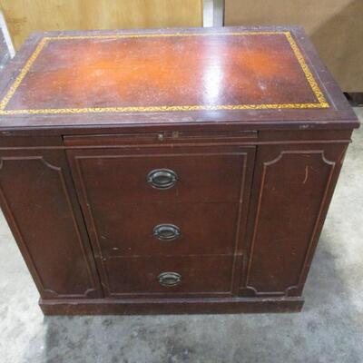 3 Drawer  Lawyer Writing Office Desk With Shelving On The Side 2 Of 2 -  Desk has leather top with gold embossing