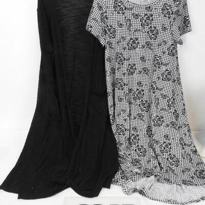 2 pc LuLaRoe Outfit: B&W Swing Dress sz Med & Black Long Cardigan sz Large