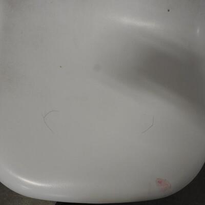 2 White Plastic Chairs with Metal Legs, Matching, Sturdy, 1 Pink Stain