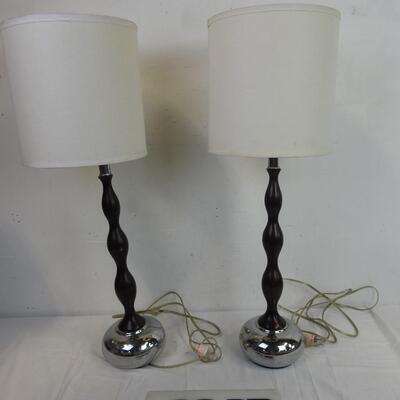 2 Matching Lamps, Silver Base, Wood Swirl Design, White Lamp Shades, 32" Tall