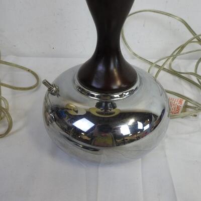 2 Matching Lamps, Silver Base, Wood Swirl Design, White Lamp Shades, 32" Tall