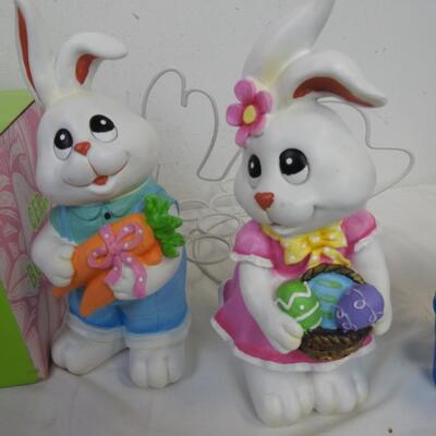 8 pc Easter, Ceramic Bunny Basket, Wooden Bunny Statues, Wicker Basket