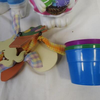 8 pc Easter, Ceramic Bunny Basket, Wooden Bunny Statues, Wicker Basket