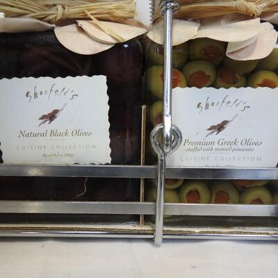 3 pc Glass Kitchen, Shonfeld's Vinegar and Olive Racks