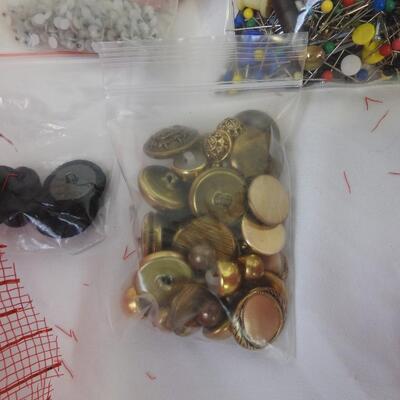 18+ Craft Lot: Red Mesh, Buttons, Seashells, Stamps, Pins
