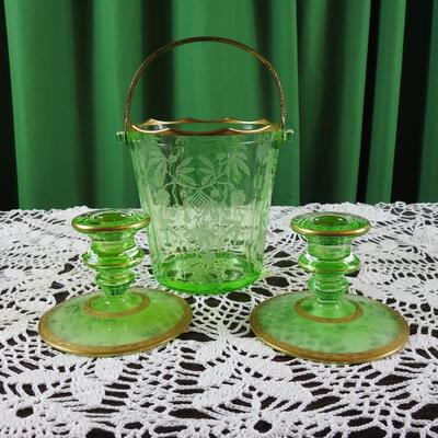 Cambridge uranium glass ice bucket and candle stick holders