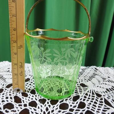 Cambridge uranium glass ice bucket and candle stick holders