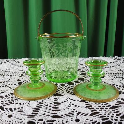 Cambridge uranium glass ice bucket and candle stick holders