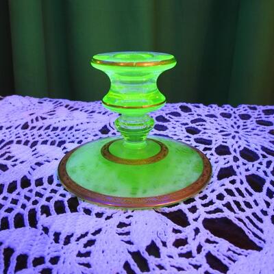 Cambridge uranium glass ice bucket and candle stick holders