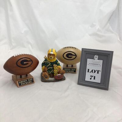 (71) PACKERS | NFL Branded Football Bear Figure | Solid Wood Miniature Footballs