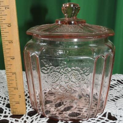 Pink Depression glass biscuit jar