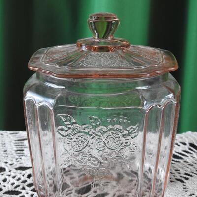 Pink Depression glass biscuit jar