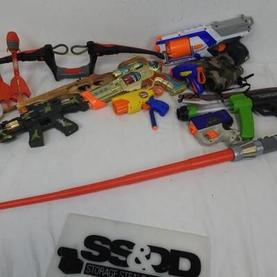 13+ pc Toy Weapons & Binoculars: Bow, Nerf Gun, Wooden Toy Rifle, etc