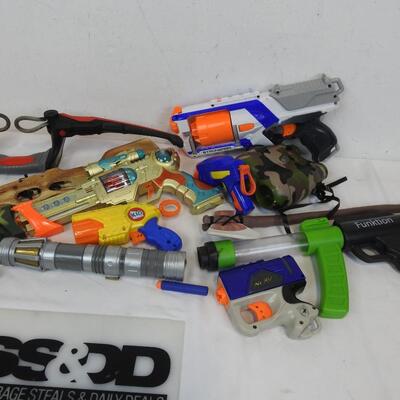 13+ pc Toy Weapons & Binoculars: Bow, Nerf Gun, Wooden Toy Rifle, etc