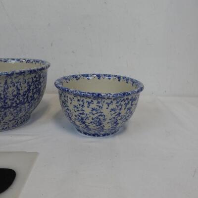 3 White and Blue Speckled Bowls, Different Sizes