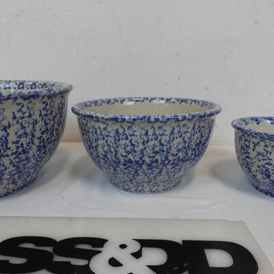3 White and Blue Speckled Bowls, Different Sizes