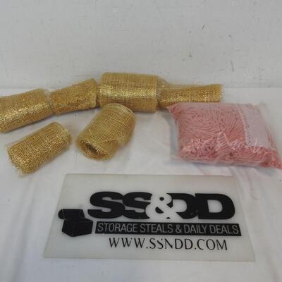 Crafts Lot: 6 Rolls of Gold Mesh, Bag of Pink Yarn
