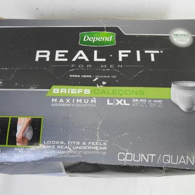 Box of 10 Depend Real Fit L/XL Briefs, Unopened Box, Slight Damage