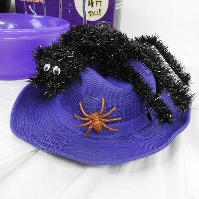 10 pc Halloween Decor: Enchanted Broom (works), Candy Bowls, Purple Hat