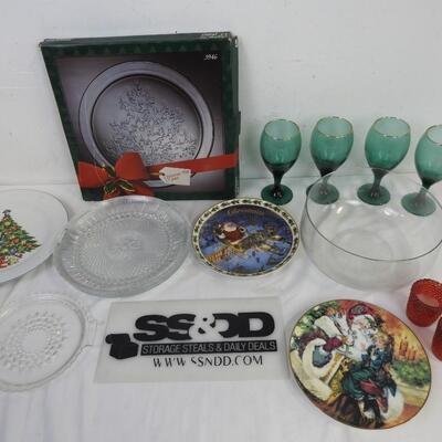 16 pc Christmas: 13" Tree Platter, Crystal Plates, Decorative Plates