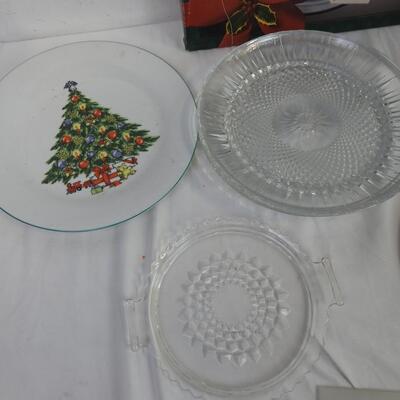 16 pc Christmas: 13" Tree Platter, Crystal Plates, Decorative Plates