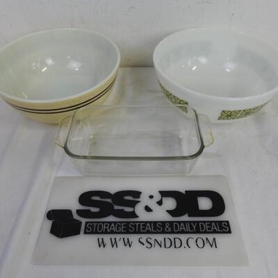 3 pc Pyrex, 2 Large Glass Bowls, 2 Bread Pan