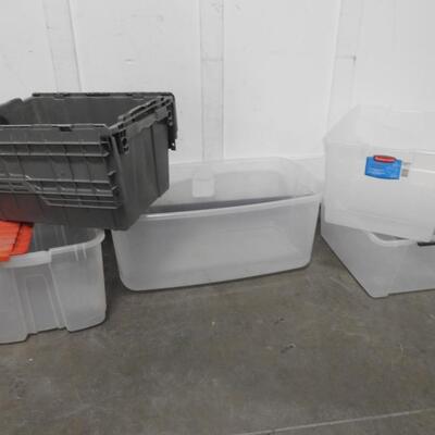 5 Plastic Totes, 1 With a Lid