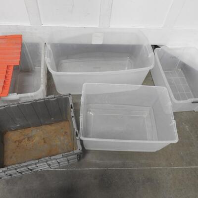5 Plastic Totes, 1 With a Lid