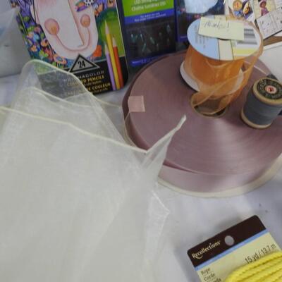 19 pc Craft Lot: Quilt Batting, LED String Lights, Fabric, Colored Pencils