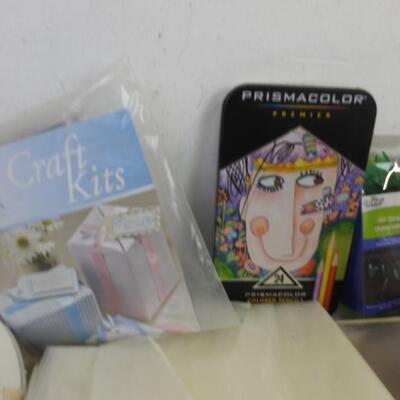 19 pc Craft Lot: Quilt Batting, LED String Lights, Fabric, Colored Pencils