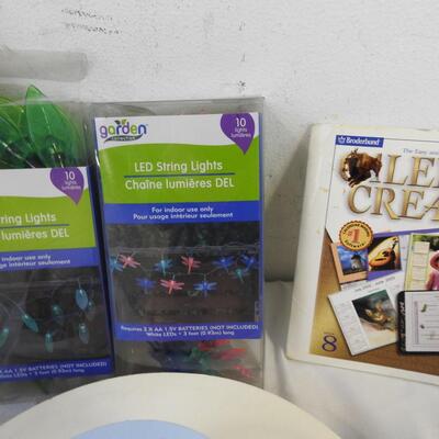 19 pc Craft Lot: Quilt Batting, LED String Lights, Fabric, Colored Pencils