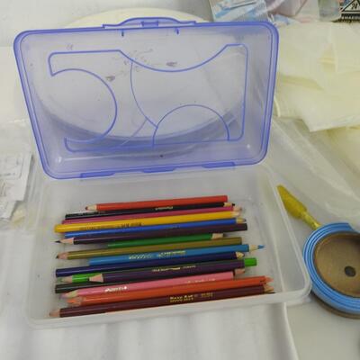 19 pc Craft Lot: Quilt Batting, LED String Lights, Fabric, Colored Pencils