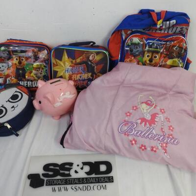 8 pc Kids: Paw Patrol Backpack, Ballarina Sleeping Bag, 3 Lunch Boxes