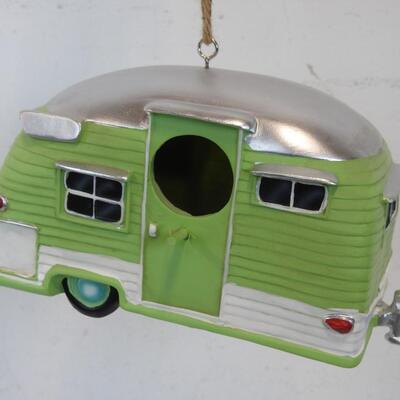 Spoontiques Wooden Bird House, Green Camping Trailer