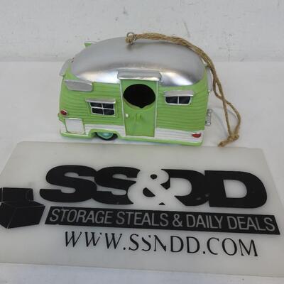 Spoontiques Wooden Bird House, Green Camping Trailer
